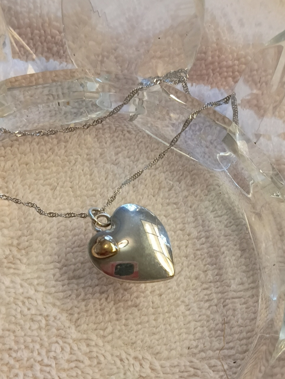 Doskow, Signed, Sterling & 14k Gold, Puff Heart Pendant, 18 inch Sterling Chain